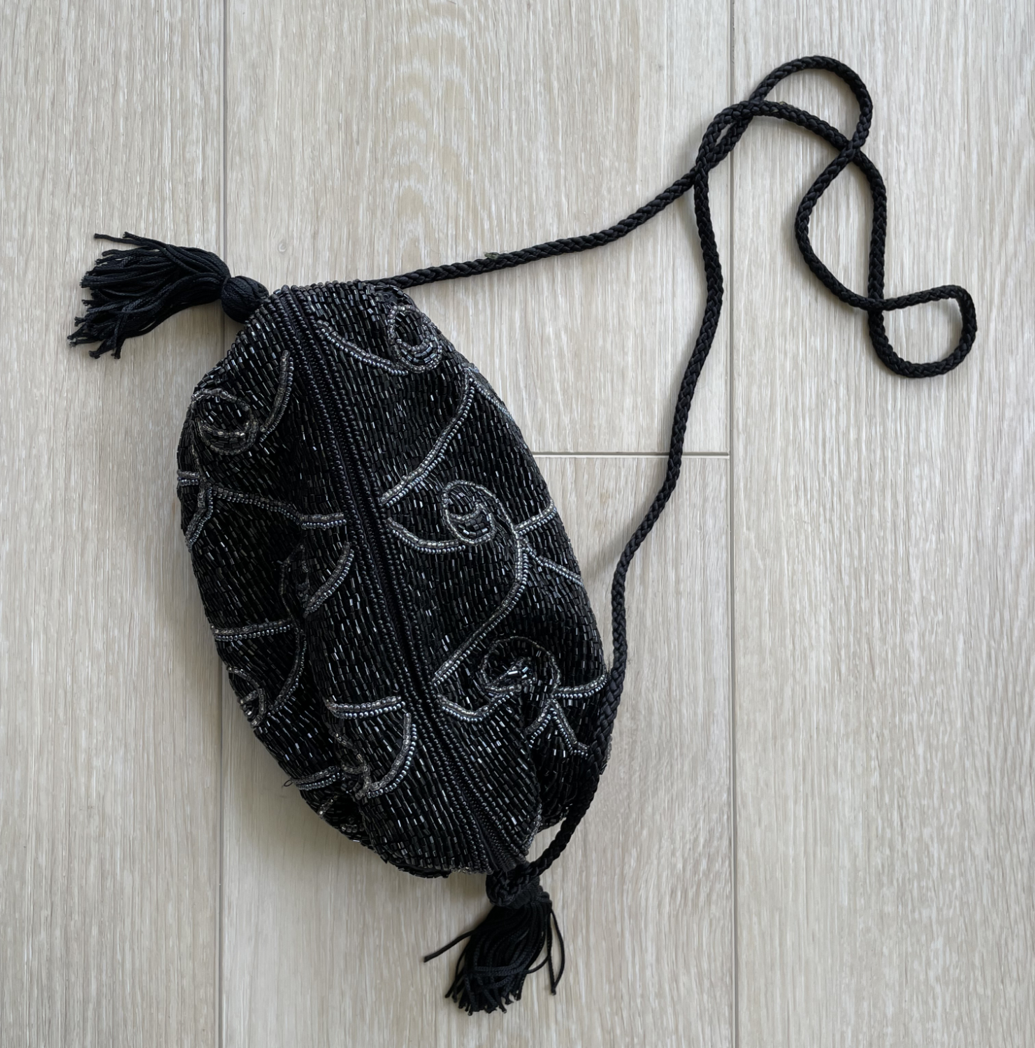 Black Glass Beaded Barrel Bag with Tassels