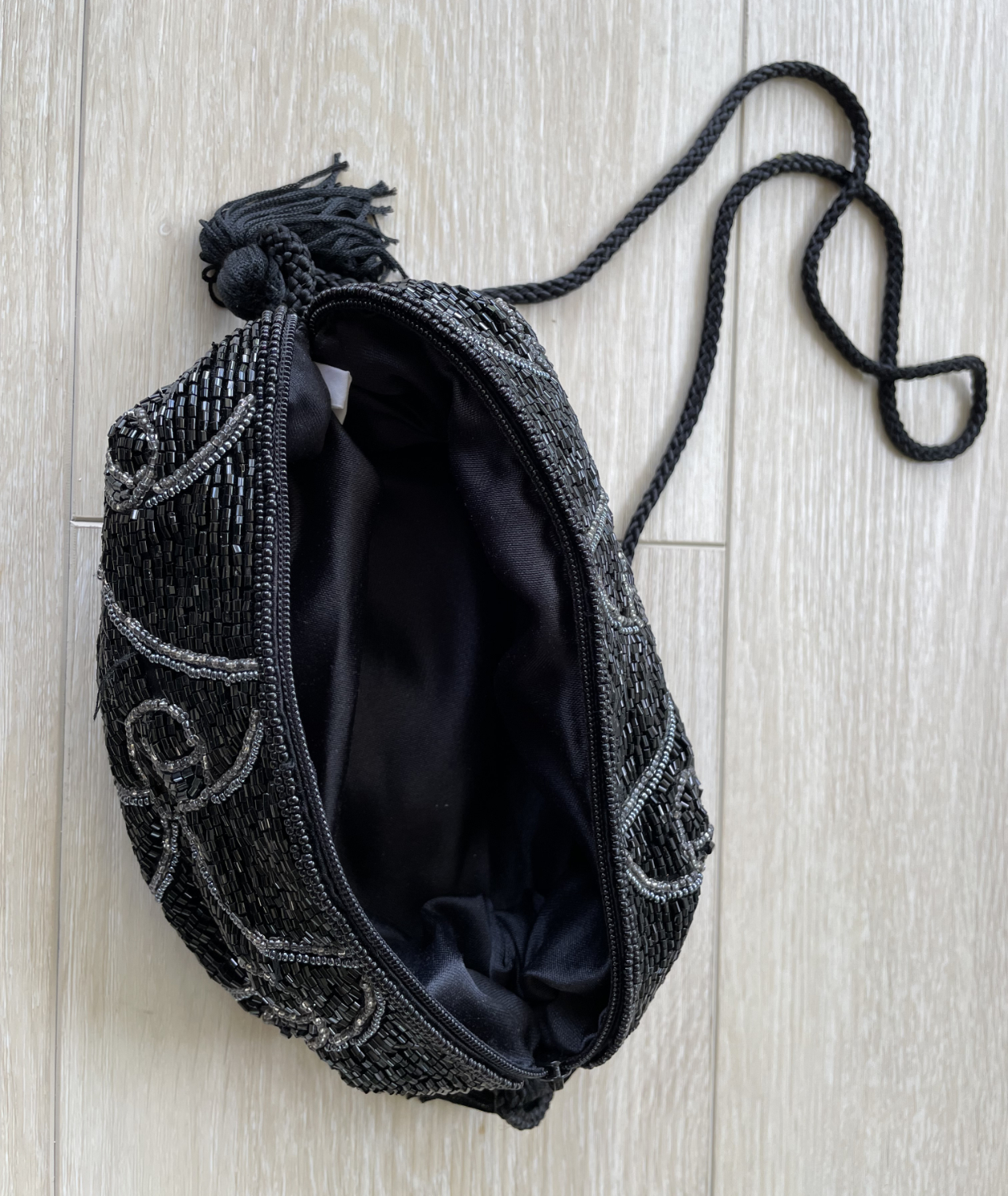 Black Glass Beaded Barrel Bag with Tassels - Image 3