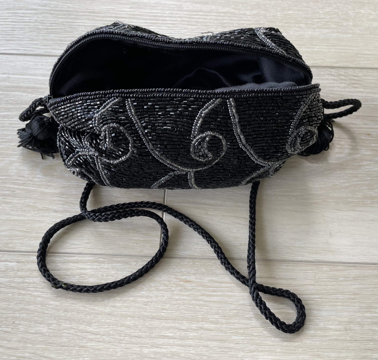 Black Glass Beaded Barrel Bag with Tassels - Image 2