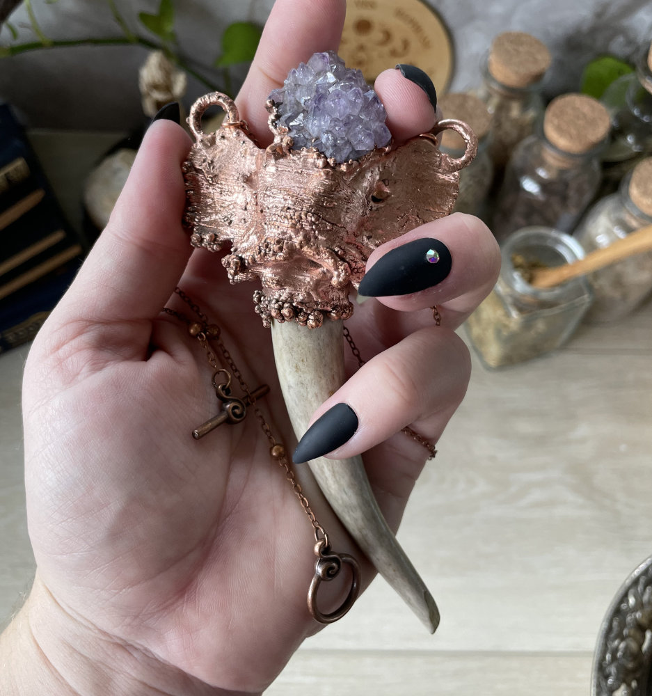 Extra Large Antler Point with Fox Vertebrae and Druzy Amethyst Top in Copper
