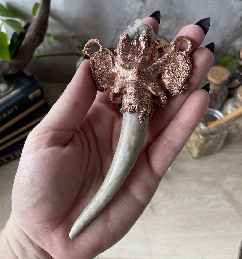 Extra Large Antler Point with Fox Vertebrae and Druzy Amethyst Top in Copper - Image 5