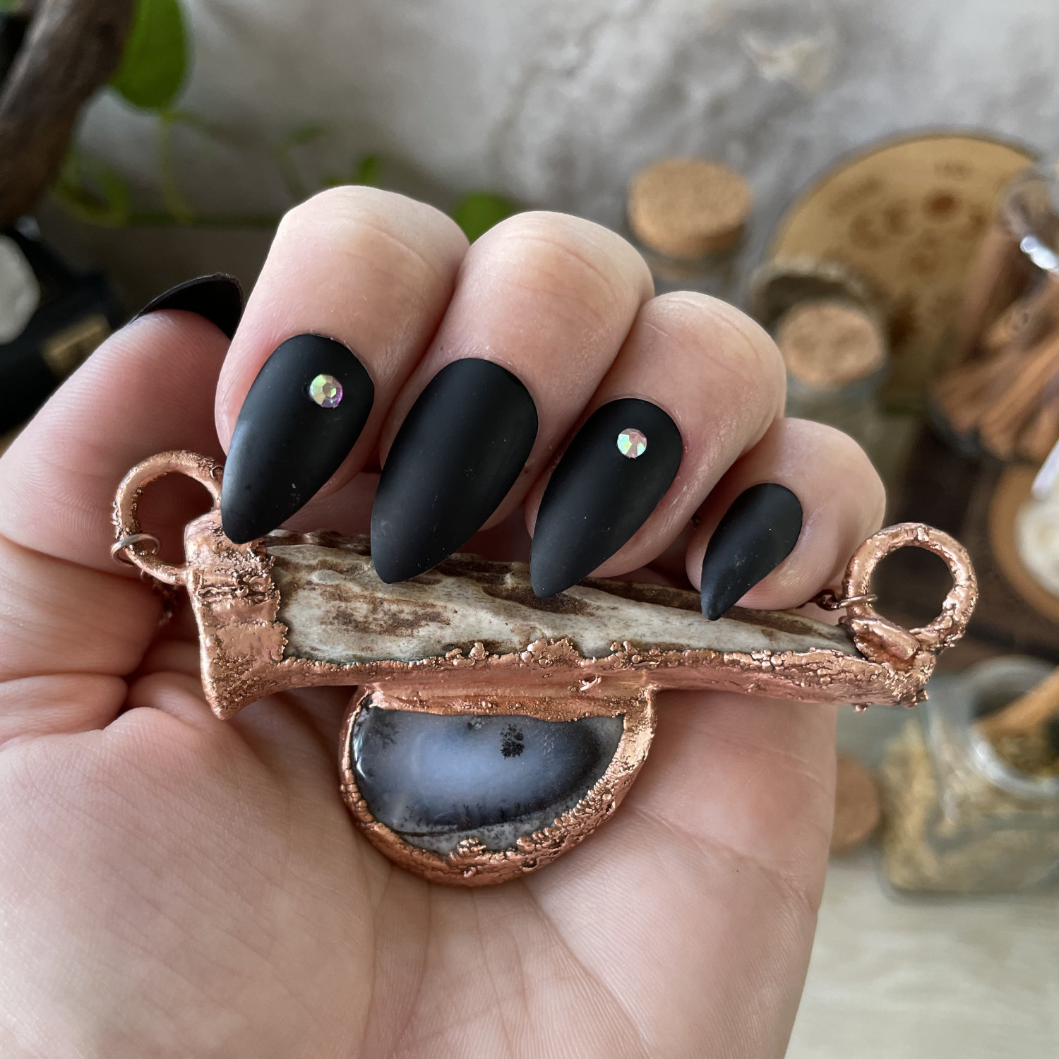 Horizontal Antler Point and Dendritic Opal Cab in Copper