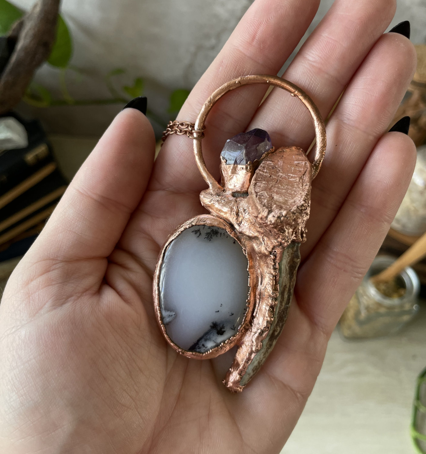 Vertical Antler Point with Dendritic Opal Scry Mirror and Raw Amethyst Point in Copper - Image 3