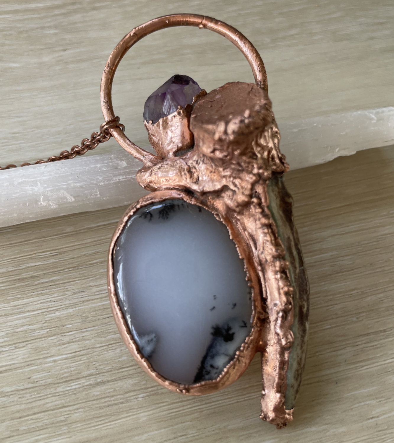 Vertical Antler Point with Dendritic Opal Scry Mirror and Raw Amethyst Point in Copper