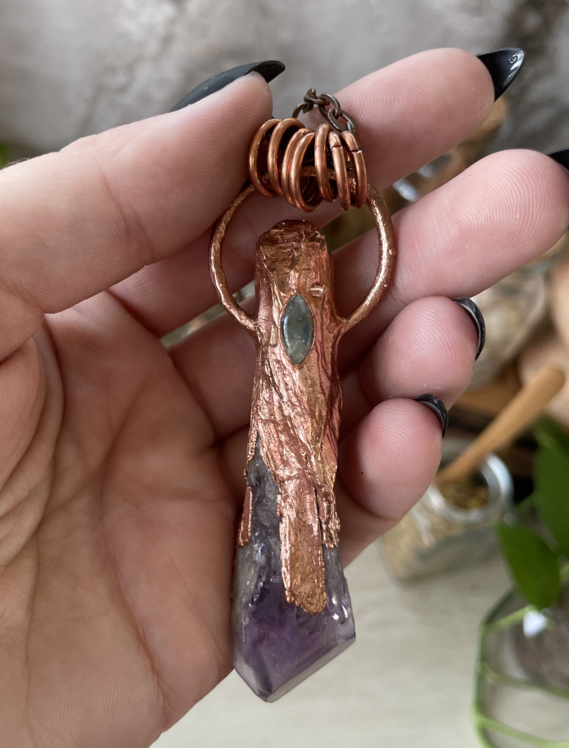 Large Amethyst Wand with Labradorite Marquise Accent in Copper