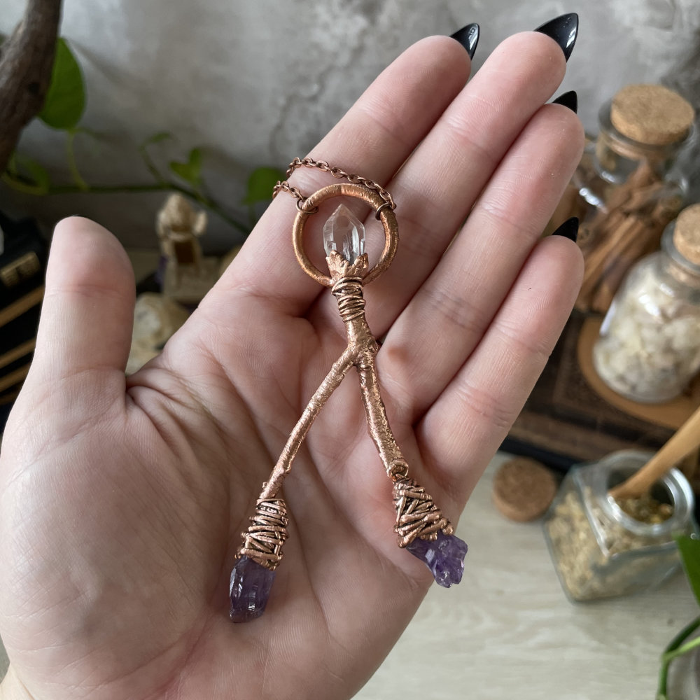 Oak Twig Dowsing Rod with Raw Herkimer Diamond and Amethyst Point Accents in Copper - Image 2