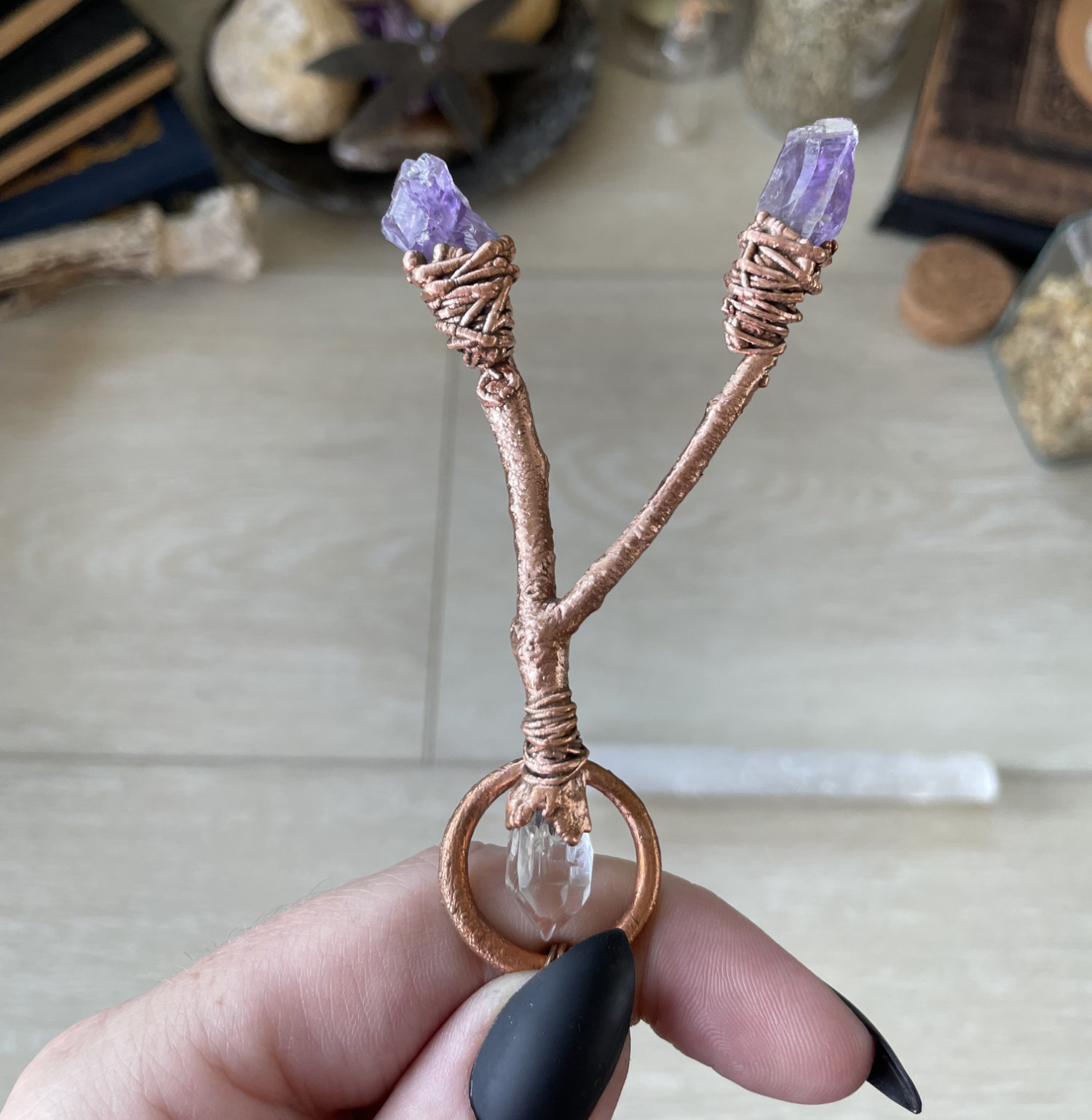 Oak Twig Dowsing Rod with Raw Herkimer Diamond and Amethyst Point Accents in Copper
