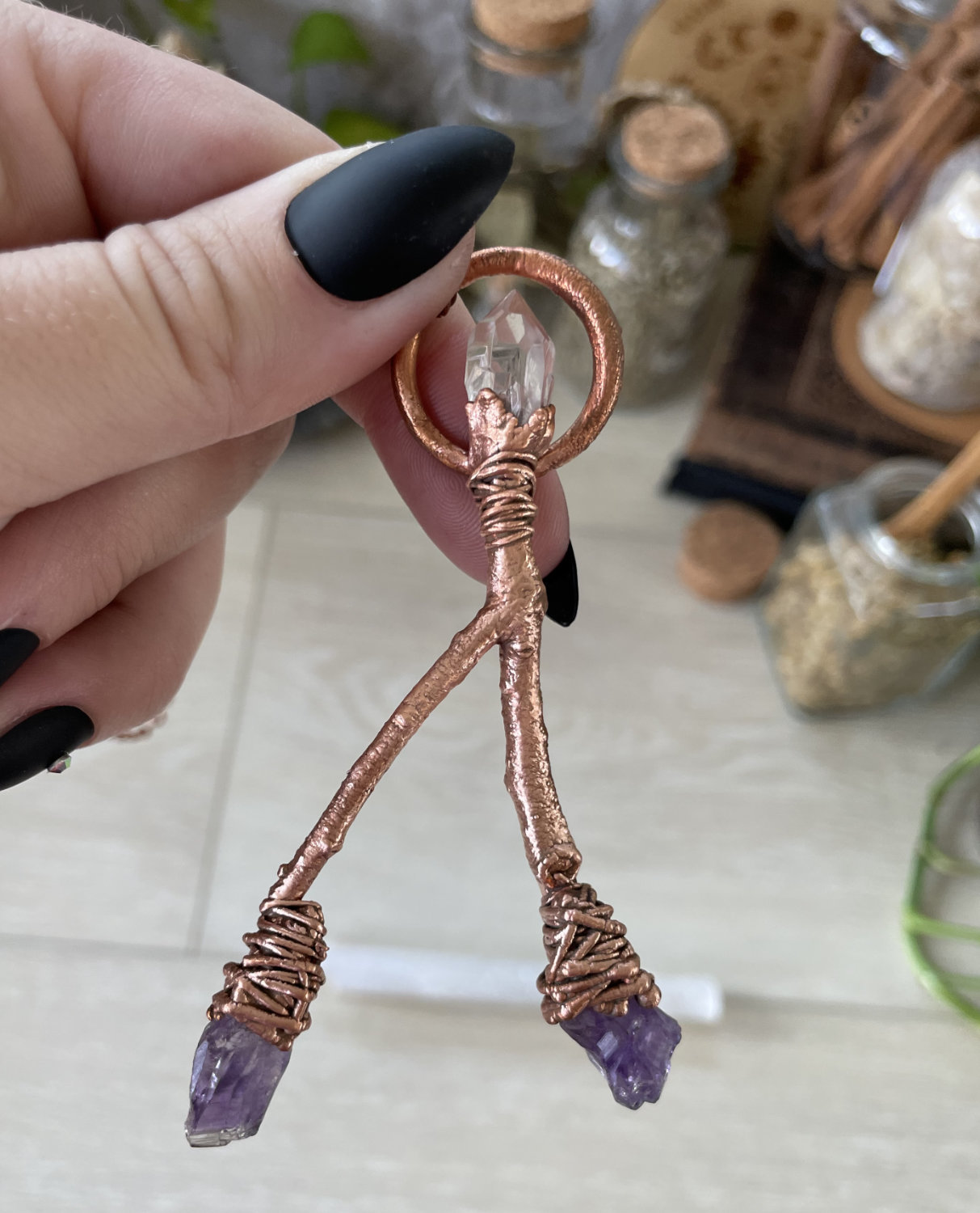 Oak Twig Dowsing Rod with Raw Herkimer Diamond and Amethyst Point Accents in Copper - Image 3