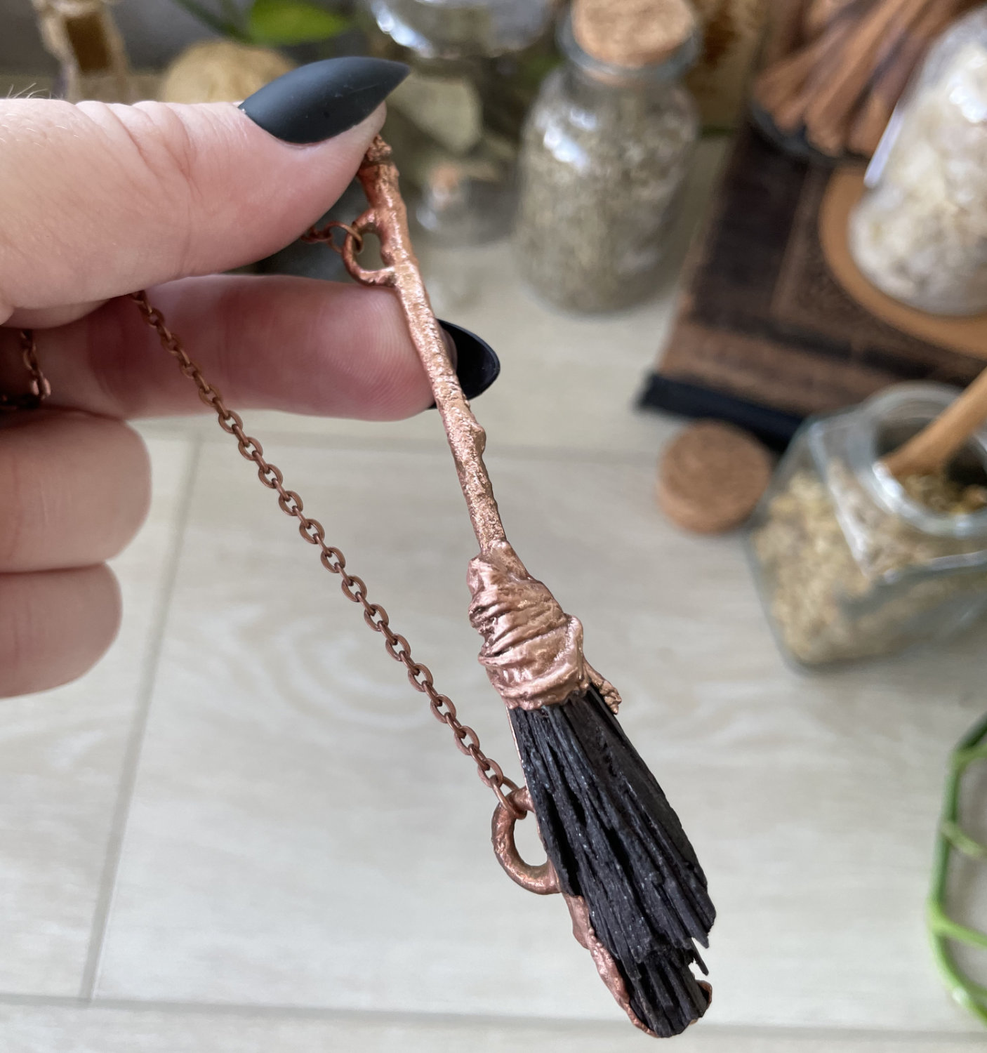 Black Kyanite Fan Besom with Oak Twig Accent in Copper - Image 2
