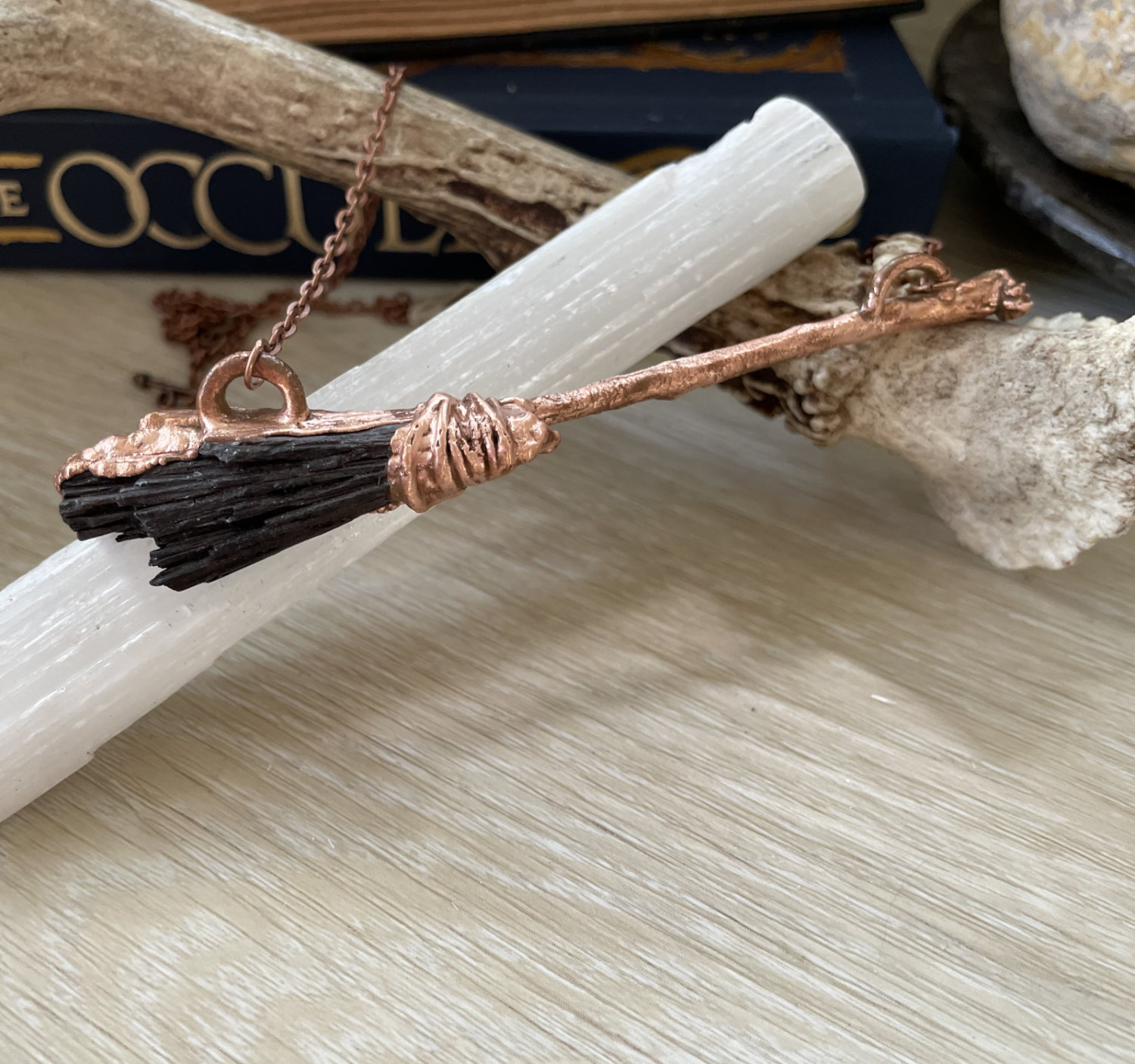 Black Kyanite Fan Besom with Oak Twig Accent in Copper
