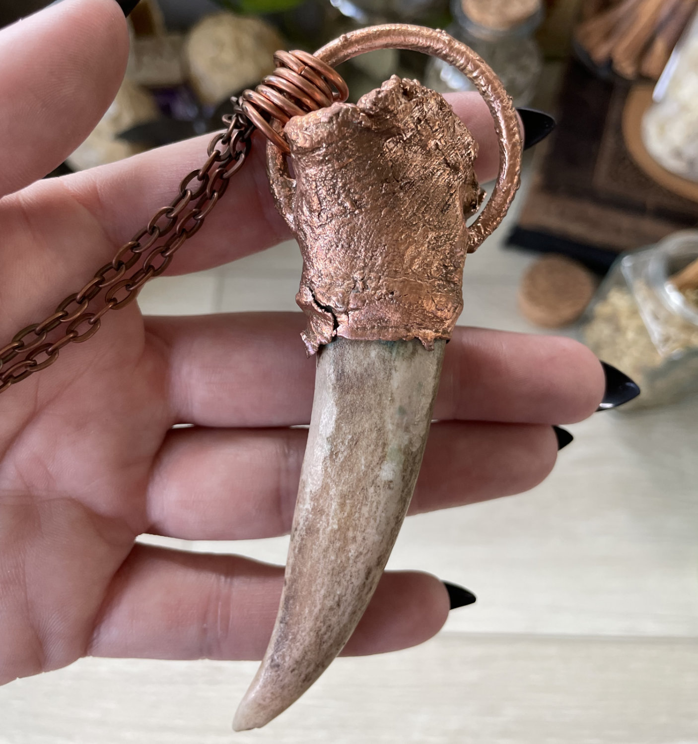 Large Antler Point with Druzy Quartz and Turquoise in Copper - Image 4