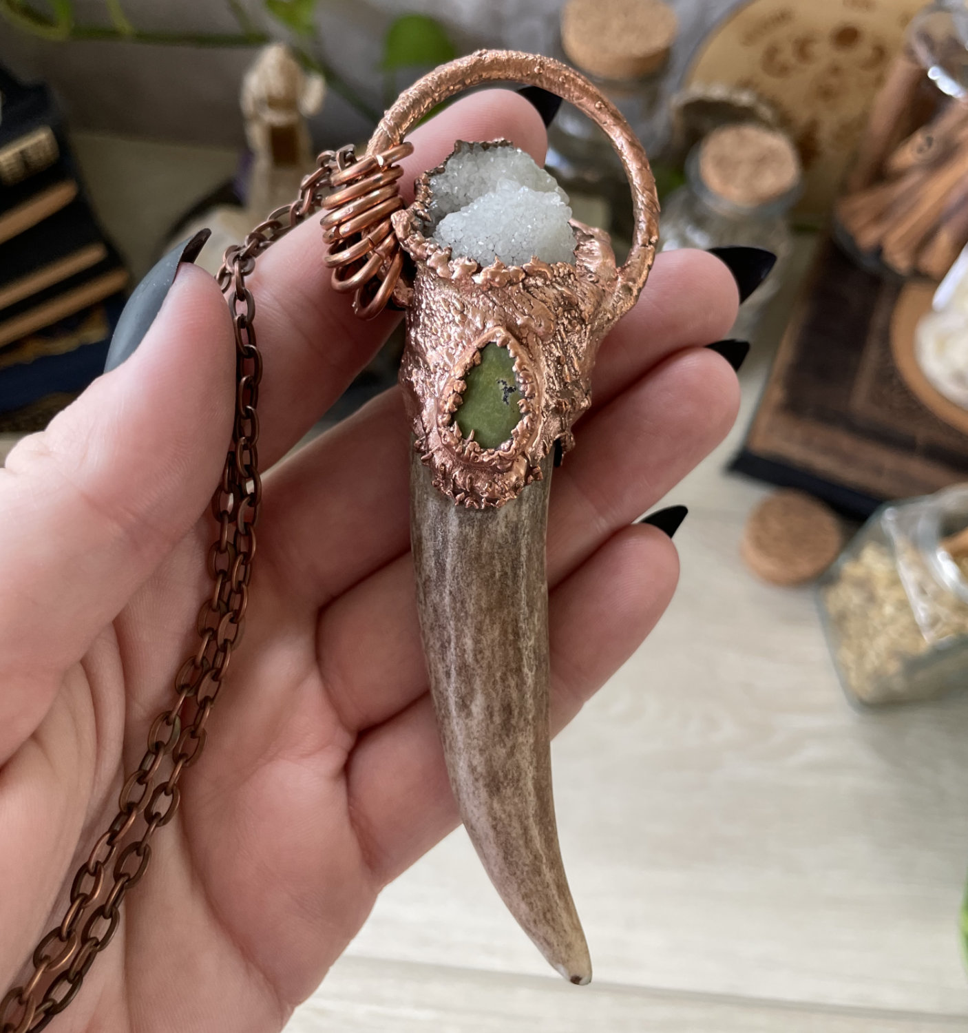 Large Antler Point with Druzy Quartz and Turquoise in Copper