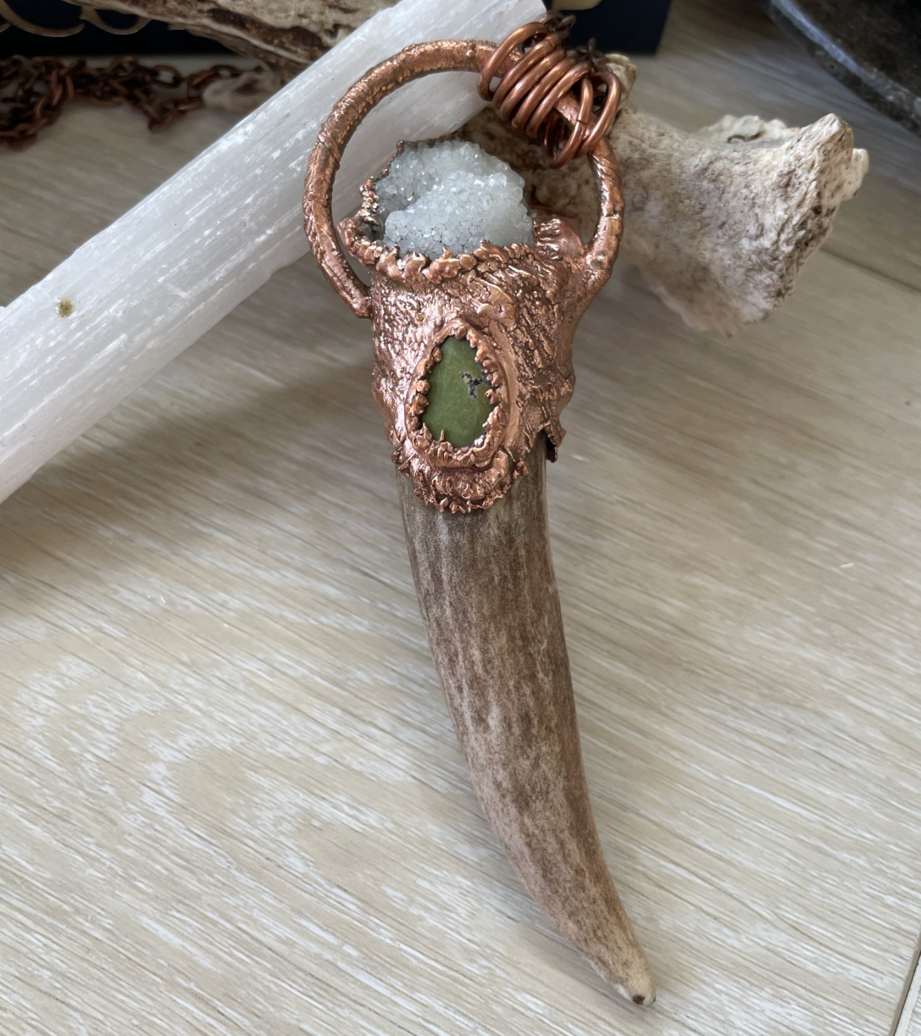 Large Antler Point with Druzy Quartz and Turquoise in Copper - Image 2