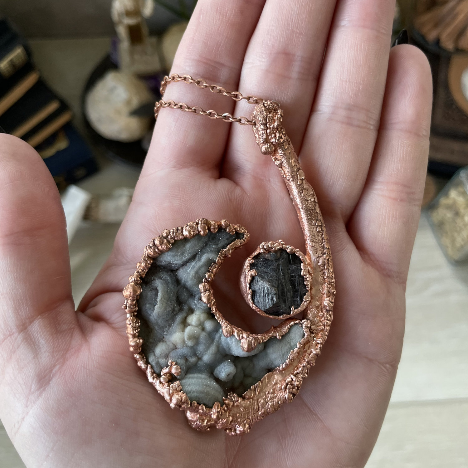 Gray Druzy Moon with Raw Round Tourmaline and Bone Accent in Copper - Image 3