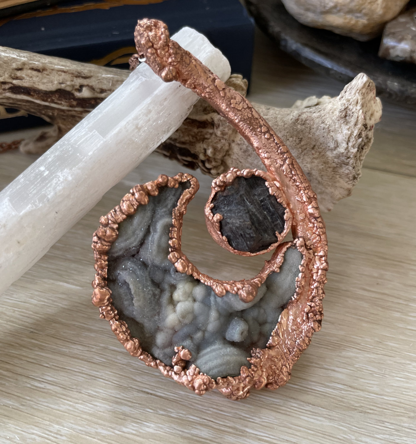 Gray Druzy Moon with Raw Round Tourmaline and Bone Accent in Copper