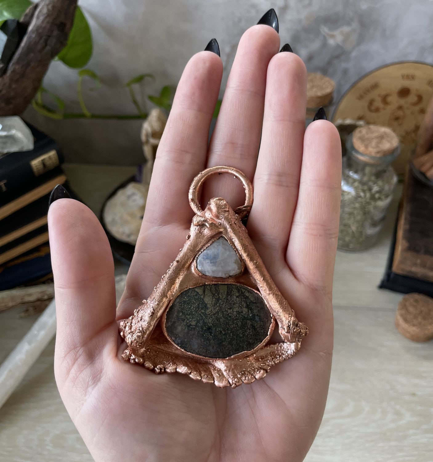 Marcasite Cab Oval with Moonstone Teardrop, Bone Accents & Ferns in Copper