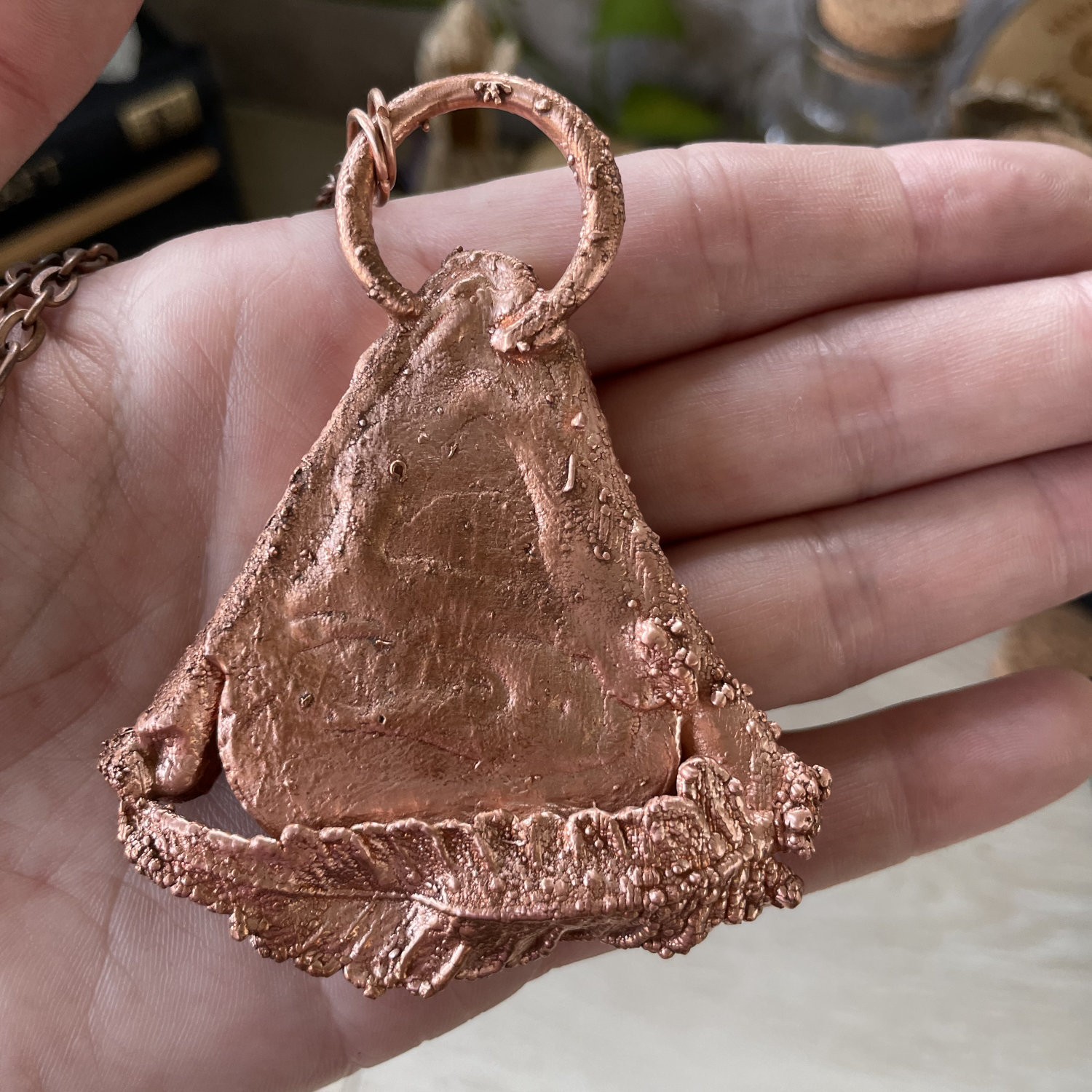 Marcasite Cab Oval with Moonstone Teardrop, Bone Accents & Ferns in Copper - Image 3