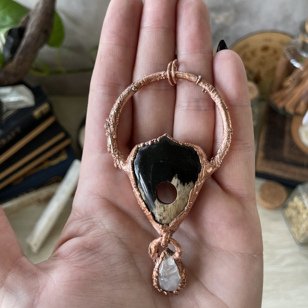 Fossilized Palm Root Planchette with Moonstone Teardrop Accent in Copper
