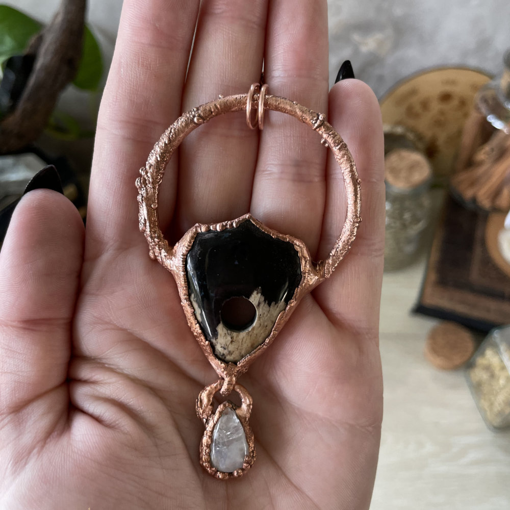 Fossilized Palm Root Planchette with Moonstone Teardrop Accent in Copper - Image 5