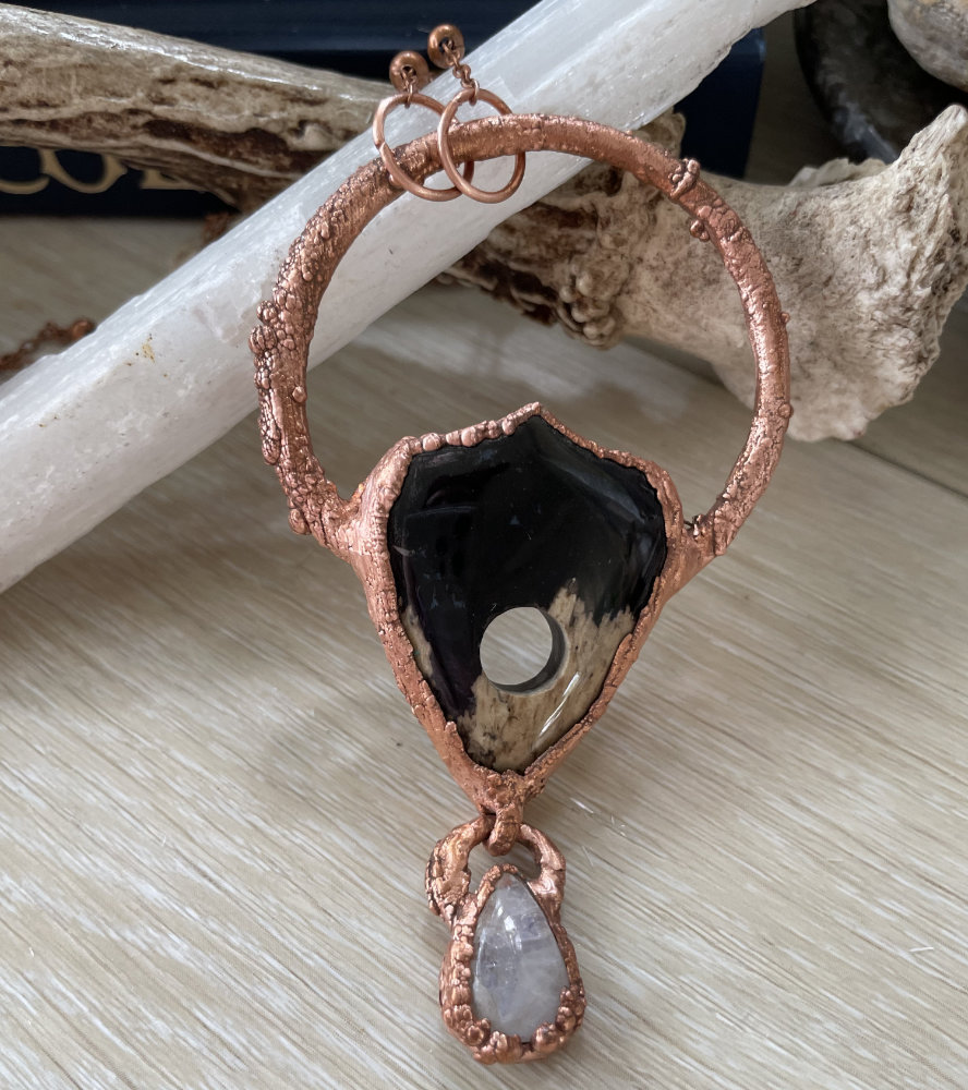 Fossilized Palm Root Planchette with Moonstone Teardrop Accent in Copper - Image 3