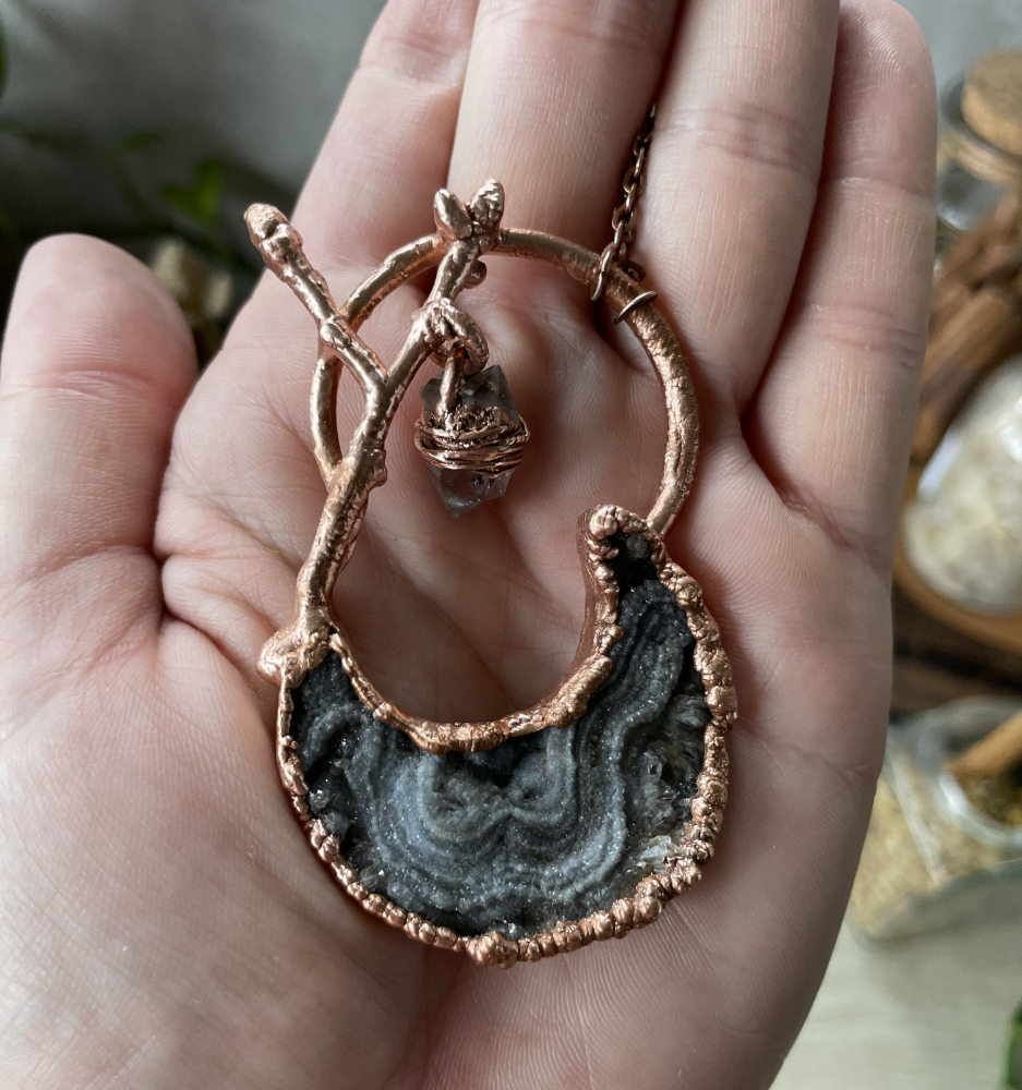 Druzy Moon and Herkimer Diamond Charm with Oak Twig Accent in Copper