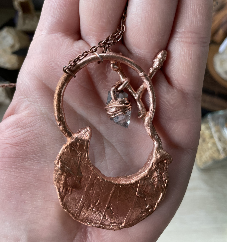 Druzy Moon and Herkimer Diamond Charm with Oak Twig Accent in Copper - Image 2