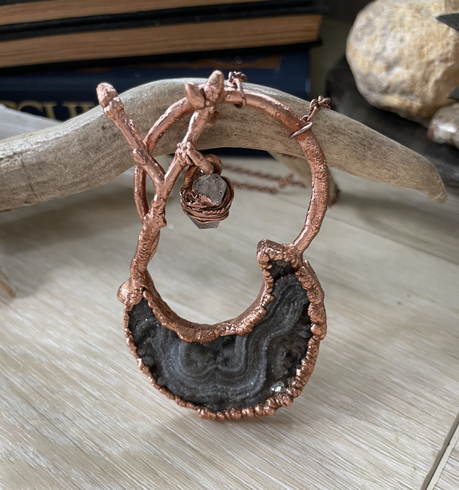 Druzy Moon and Herkimer Diamond Charm with Oak Twig Accent in Copper - Image 3