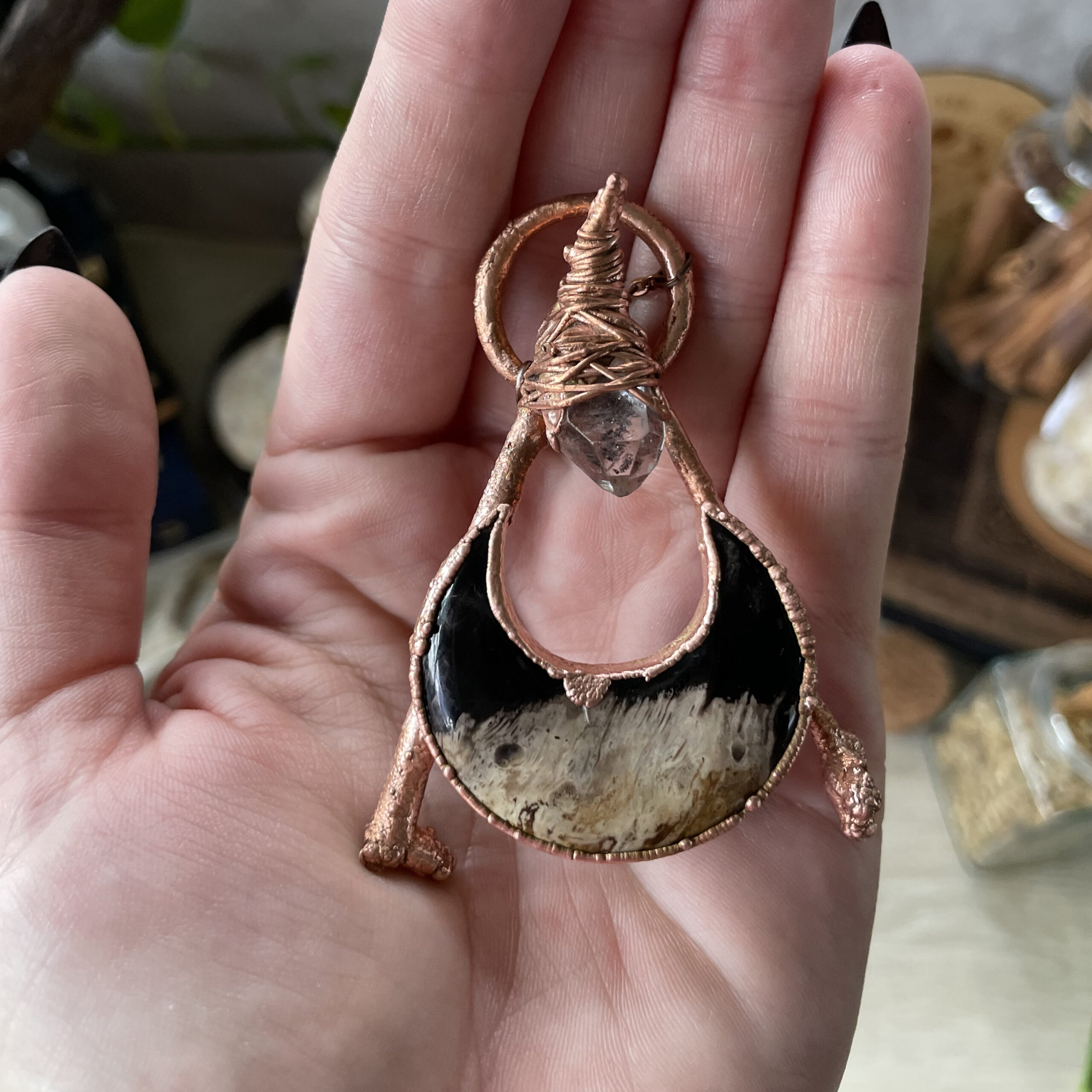 Fossilized Palm Root Crescent Moon with Oak Twig Accent & Herkimer Diamond Accent in Copper - Image 2
