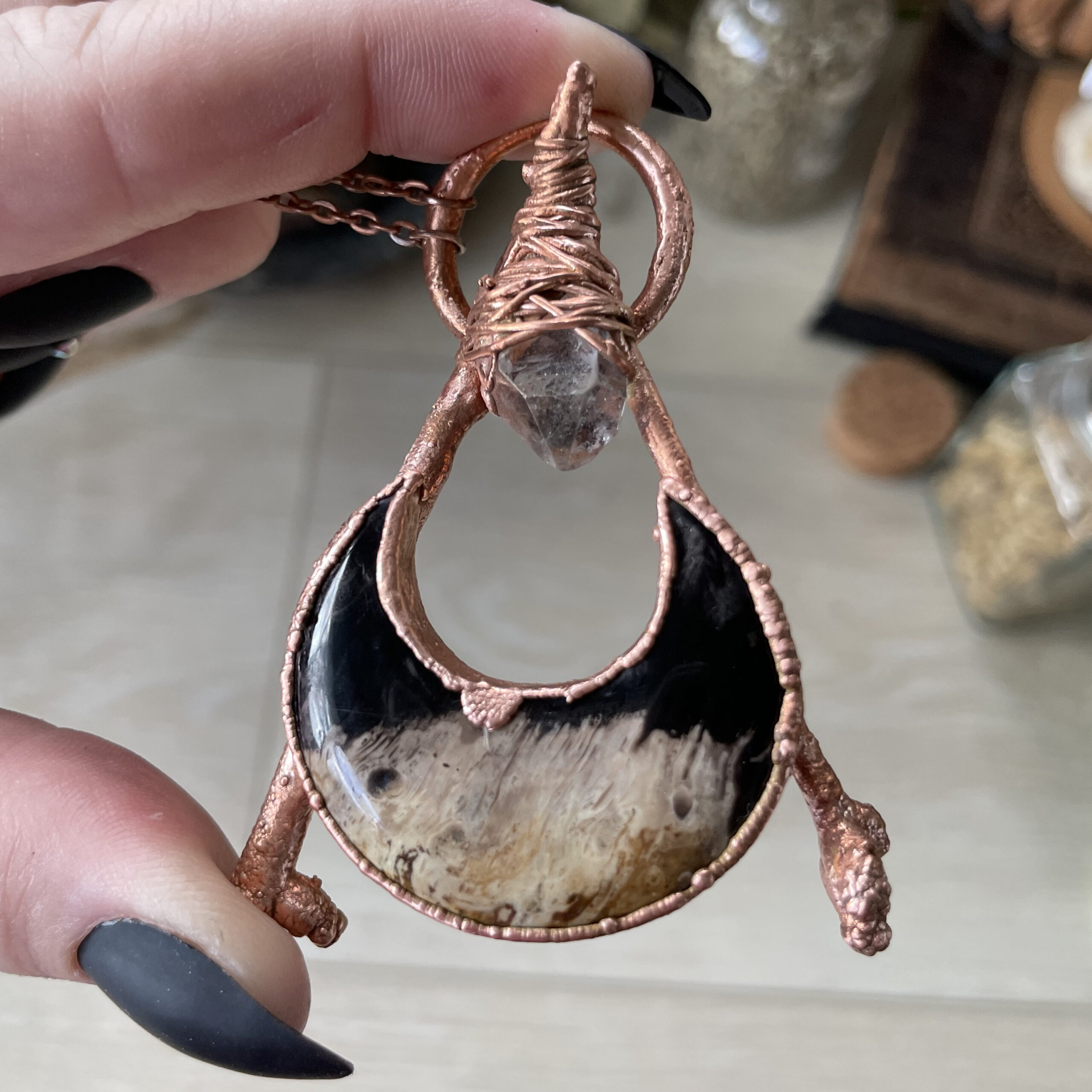 Fossilized Palm Root Crescent Moon with Oak Twig Accent & Herkimer Diamond Accent in Copper