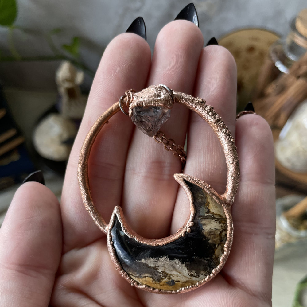 Fossilized Palm Root Crescent Moon with Herkimer Diamond Accent in Copper - Image 4