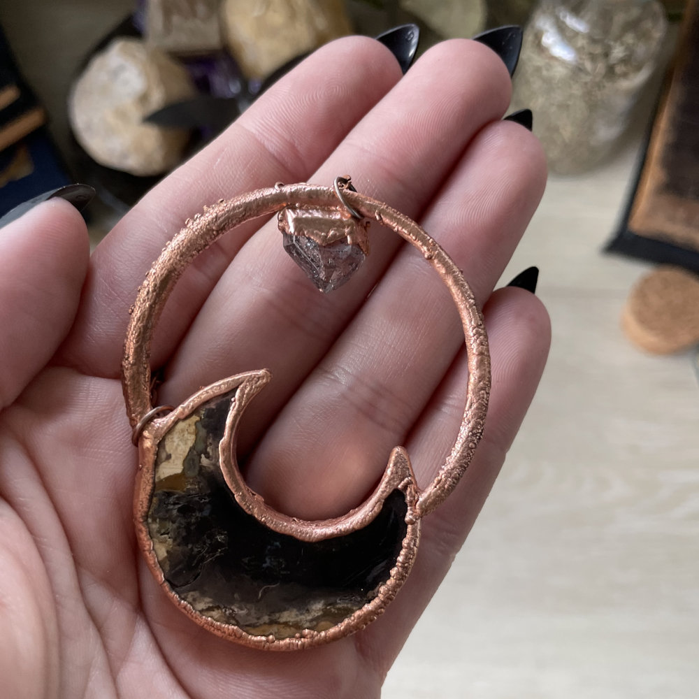 Fossilized Palm Root Crescent Moon with Herkimer Diamond Accent in Copper - Image 2