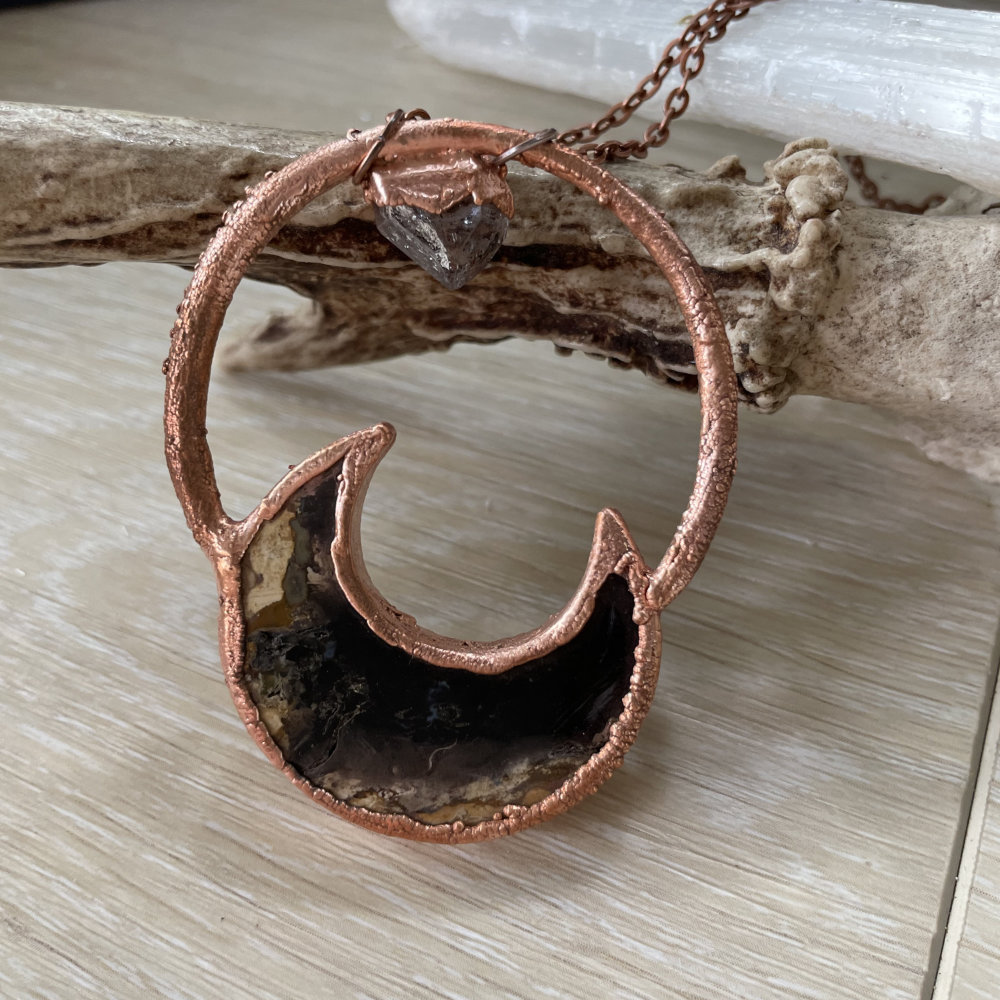 Fossilized Palm Root Crescent Moon with Herkimer Diamond Accent in Copper - Image 5
