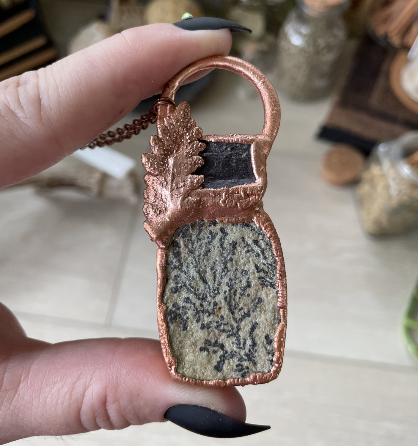Rectangular Solnhofen Limestone and Raw Tourmaline Rectangle with Fern Accent in Copper - Image 3