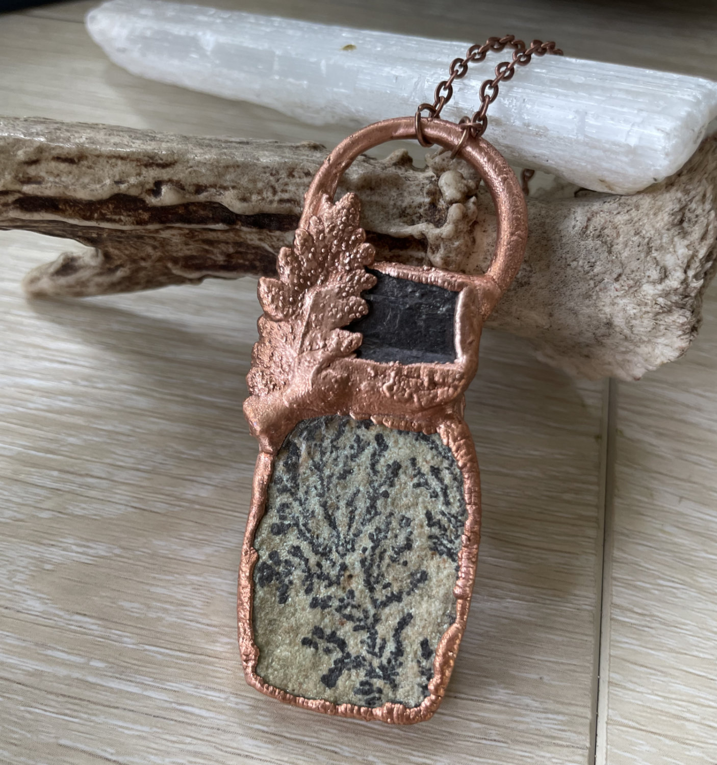 Rectangular Solnhofen Limestone and Raw Tourmaline Rectangle with Fern Accent in Copper