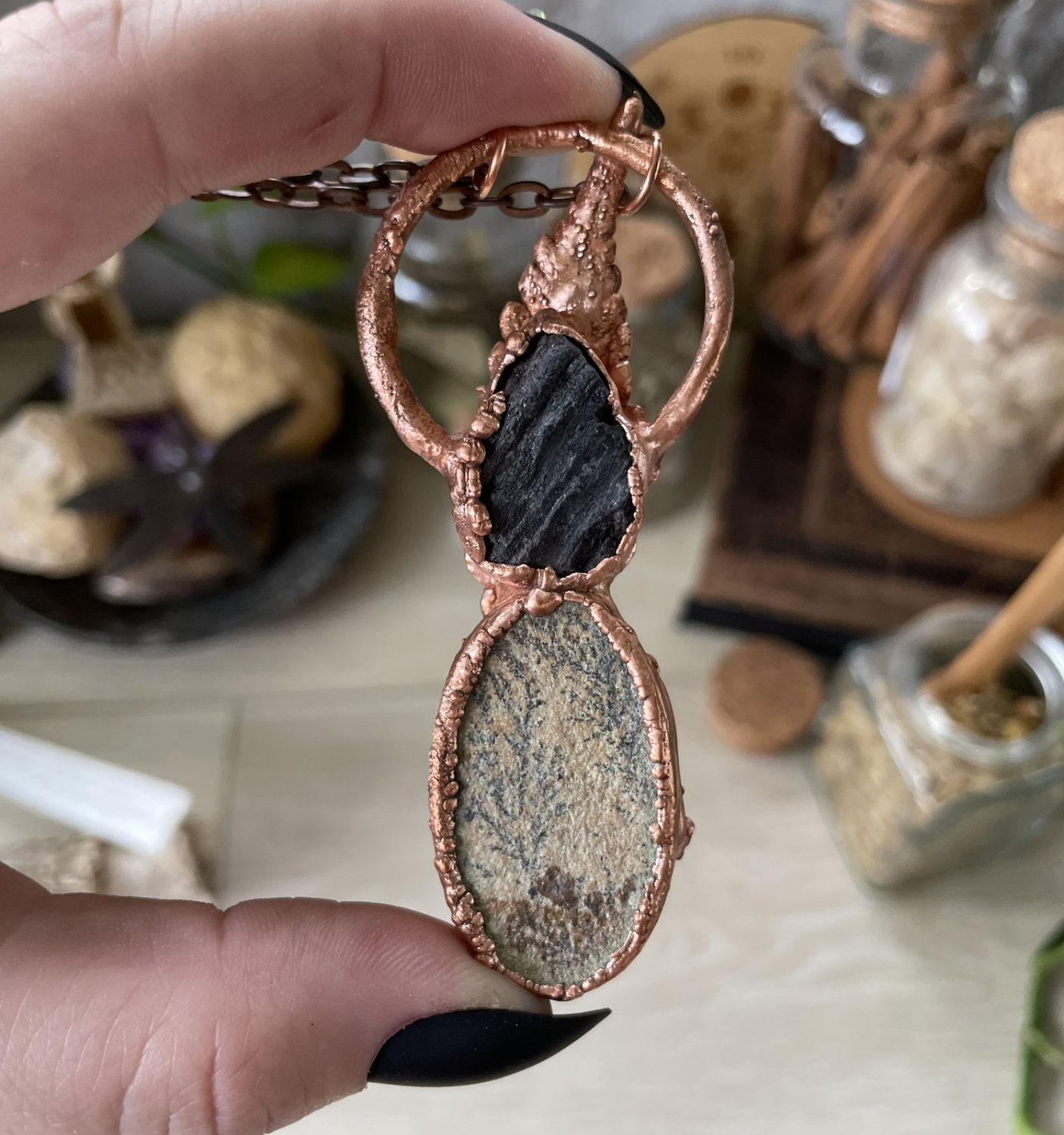 Oval Solnhofen Limestone and Raw Tourmaline Teardrop with Fern Accent in Copper - Image 3