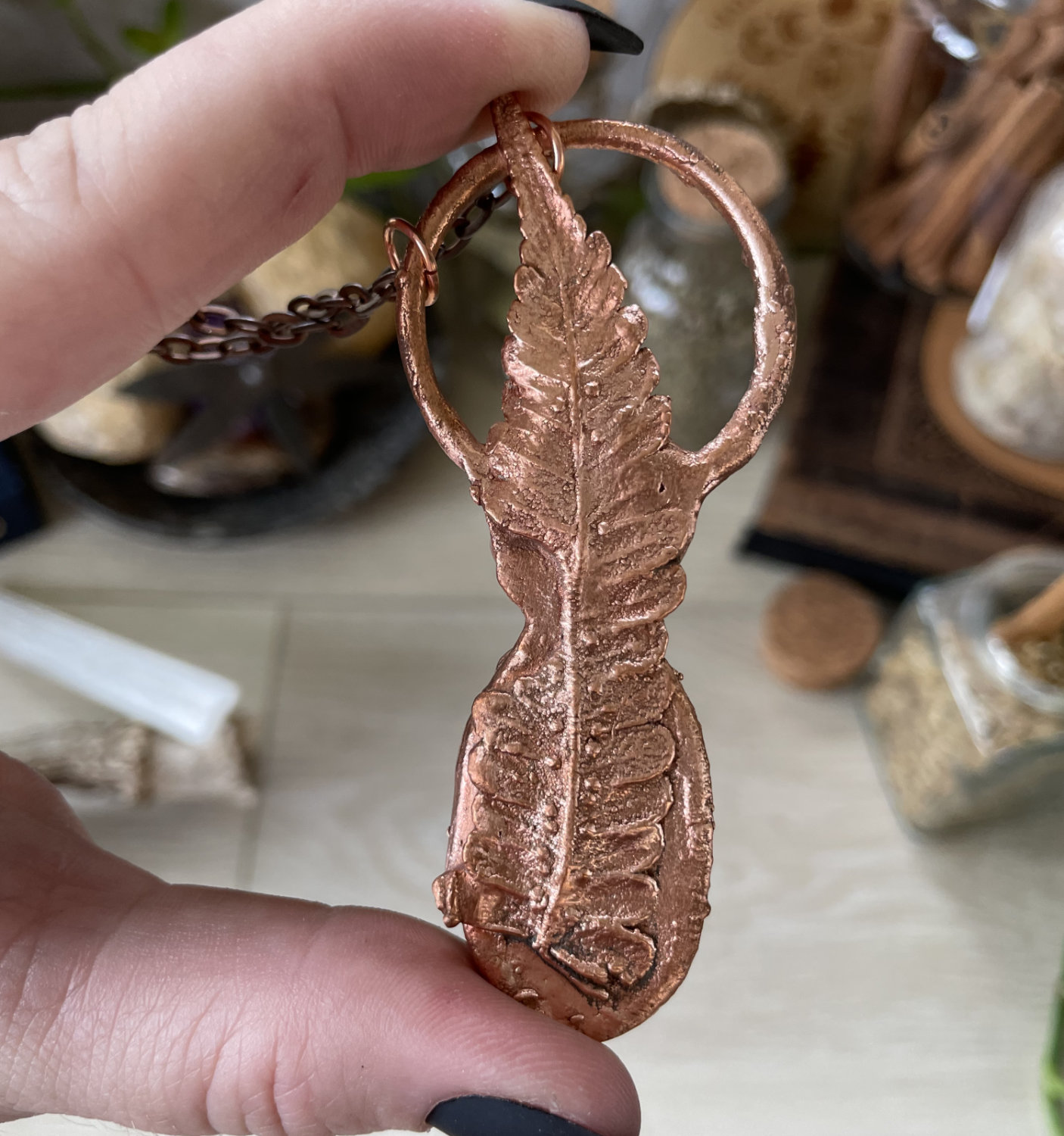 Oval Solnhofen Limestone and Raw Tourmaline Teardrop with Fern Accent in Copper - Image 2