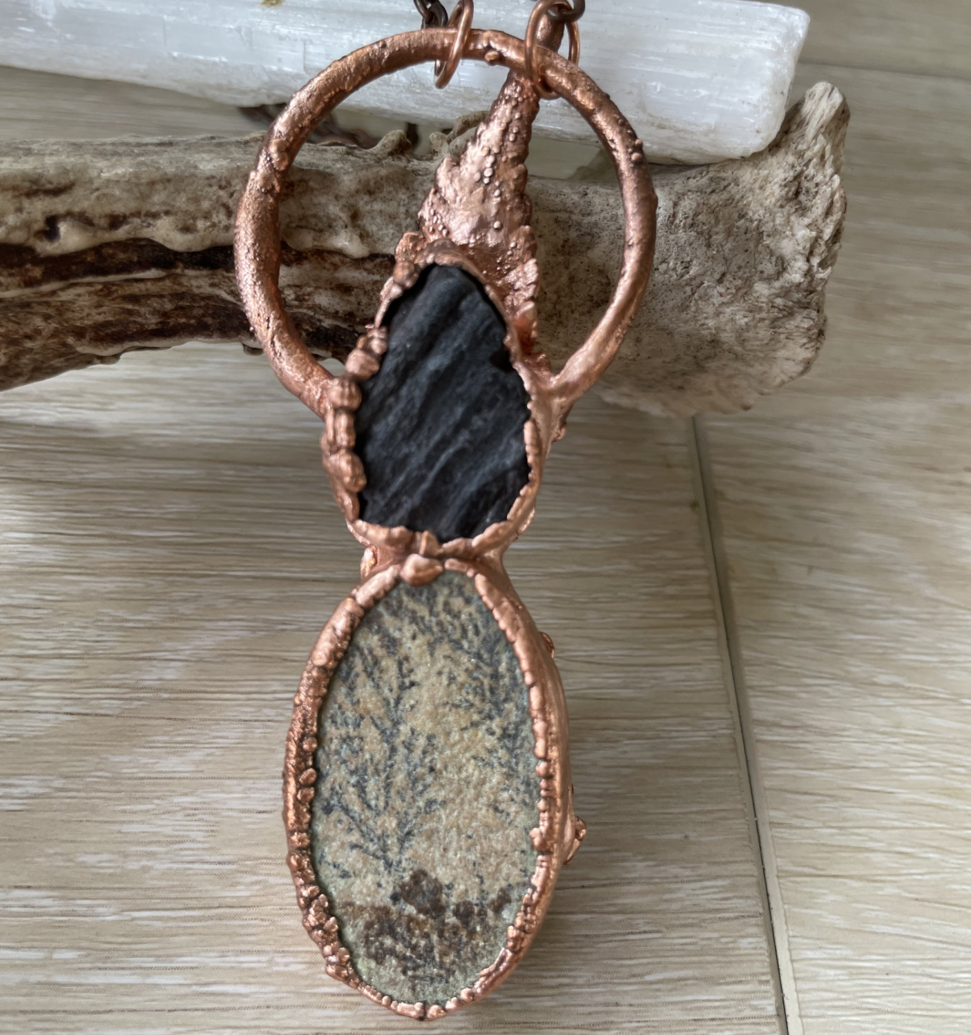 Oval Solnhofen Limestone and Raw Tourmaline Teardrop with Fern Accent in Copper