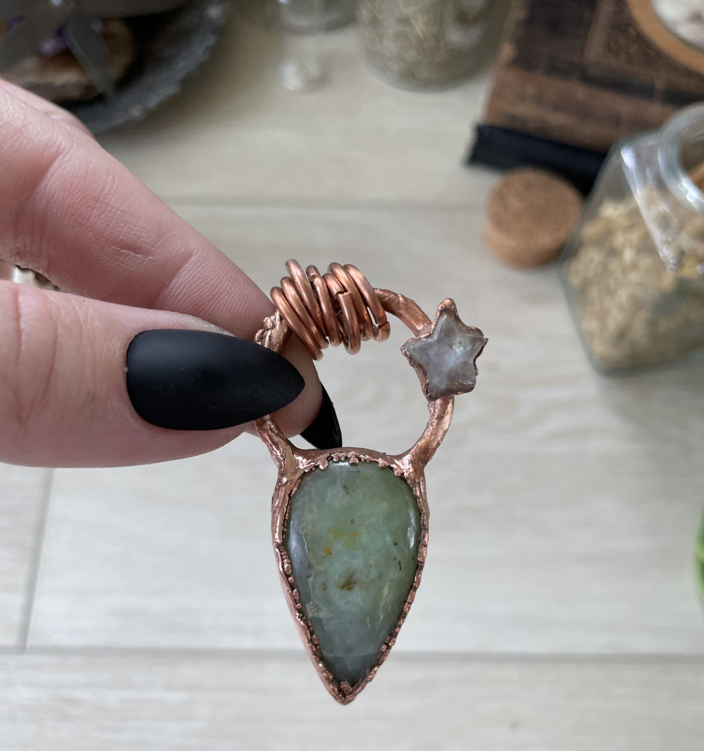 Aquamarine Teardrop Necklace with Moonstone Star Accent in Copper - Image 2
