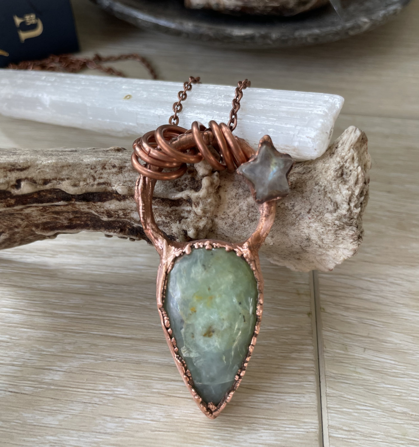 Aquamarine Teardrop Necklace with Moonstone Star Accent in Copper
