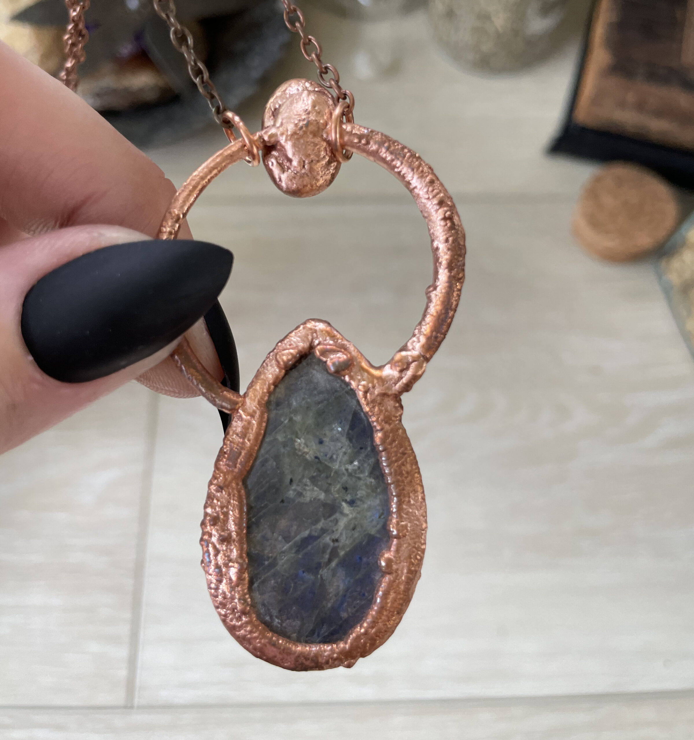 Blue Flash Carved Labradorite with Kyanite Oval Accent in Copper - Image 2