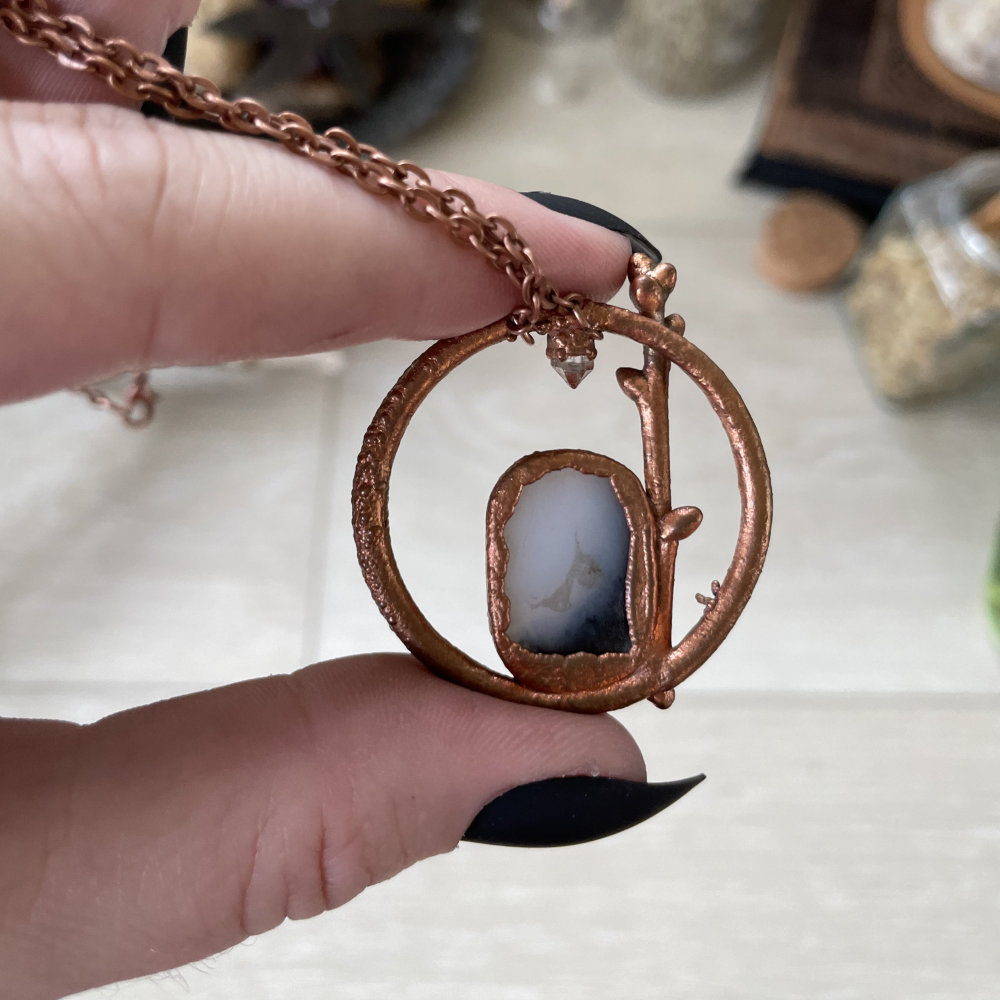 Faceted Dendritic Opal with Oak Twig and Herkimer Diamond Accent in Copper - Image 2