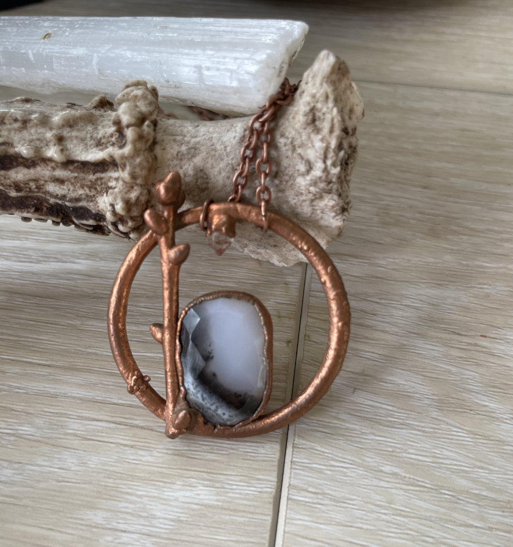 Faceted Dendritic Opal with Oak Twig and Herkimer Diamond Accent in Copper