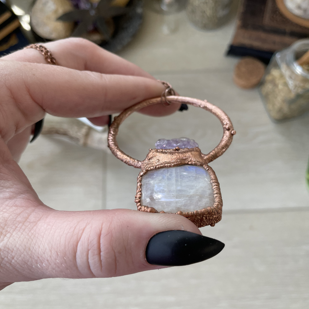 Blue Flash Moonstone Cab and Polished Amethyst Slice in Copper - Image 4