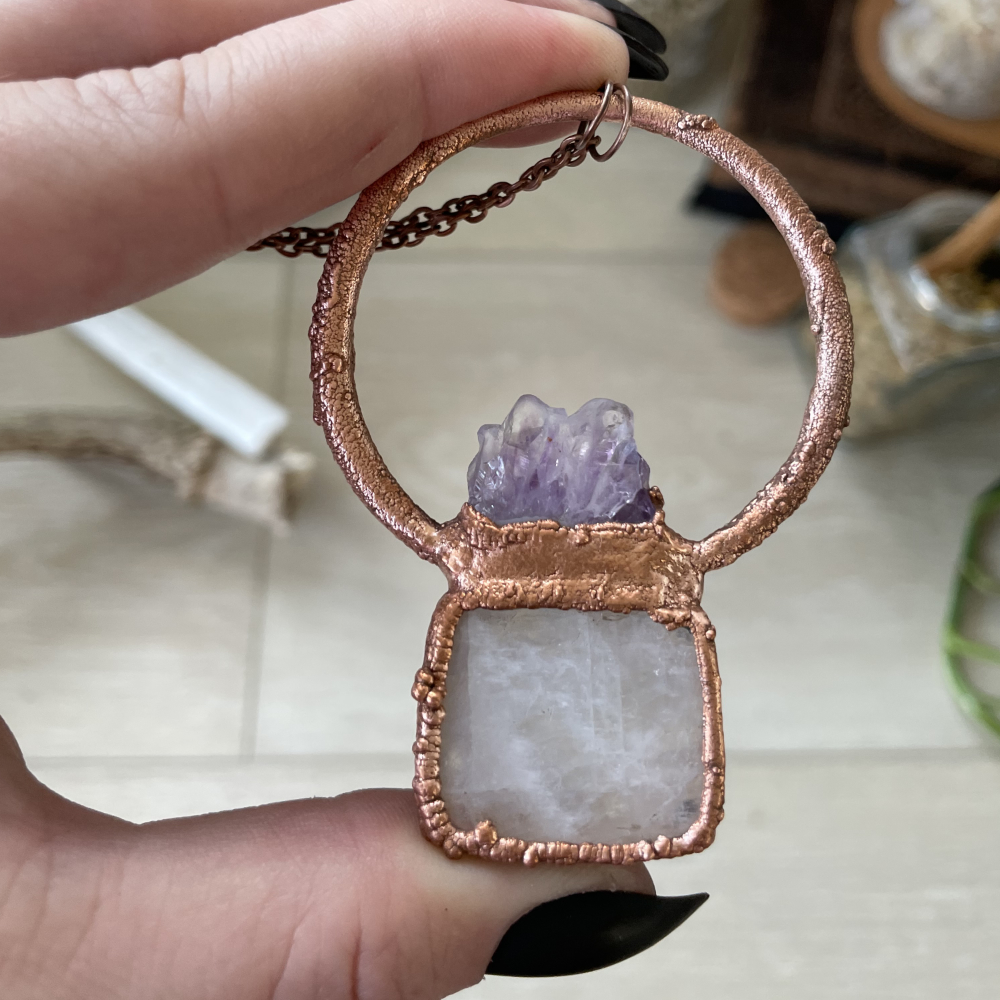Blue Flash Moonstone Cab and Polished Amethyst Slice in Copper - Image 2