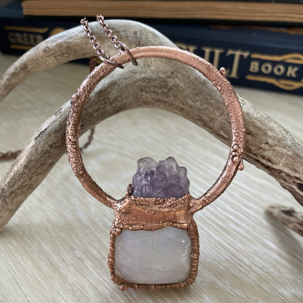 Blue Flash Moonstone Cab and Polished Amethyst Slice in Copper