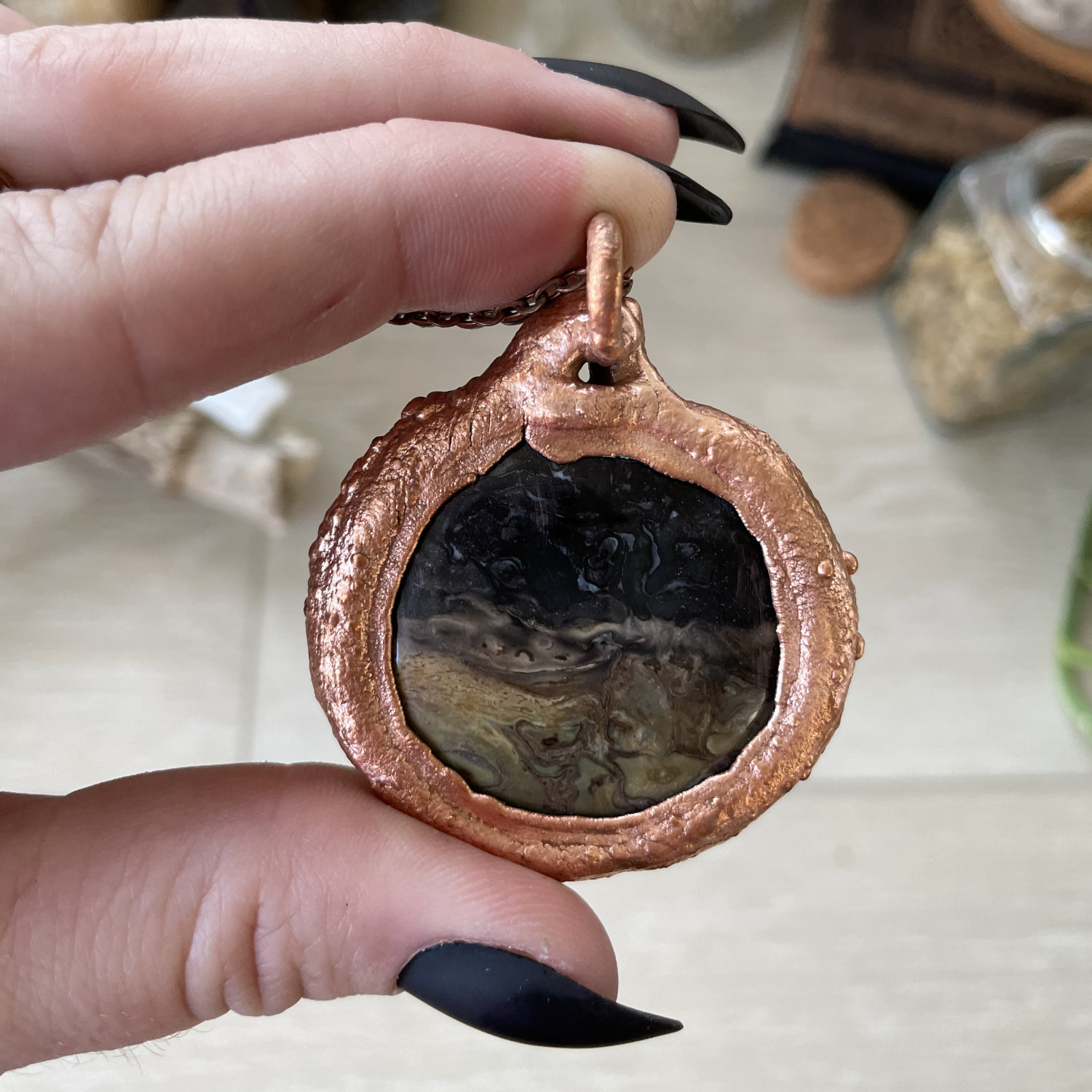 Fossilized Palm Root Scry Mirror with Ouroboros Frame in Copper