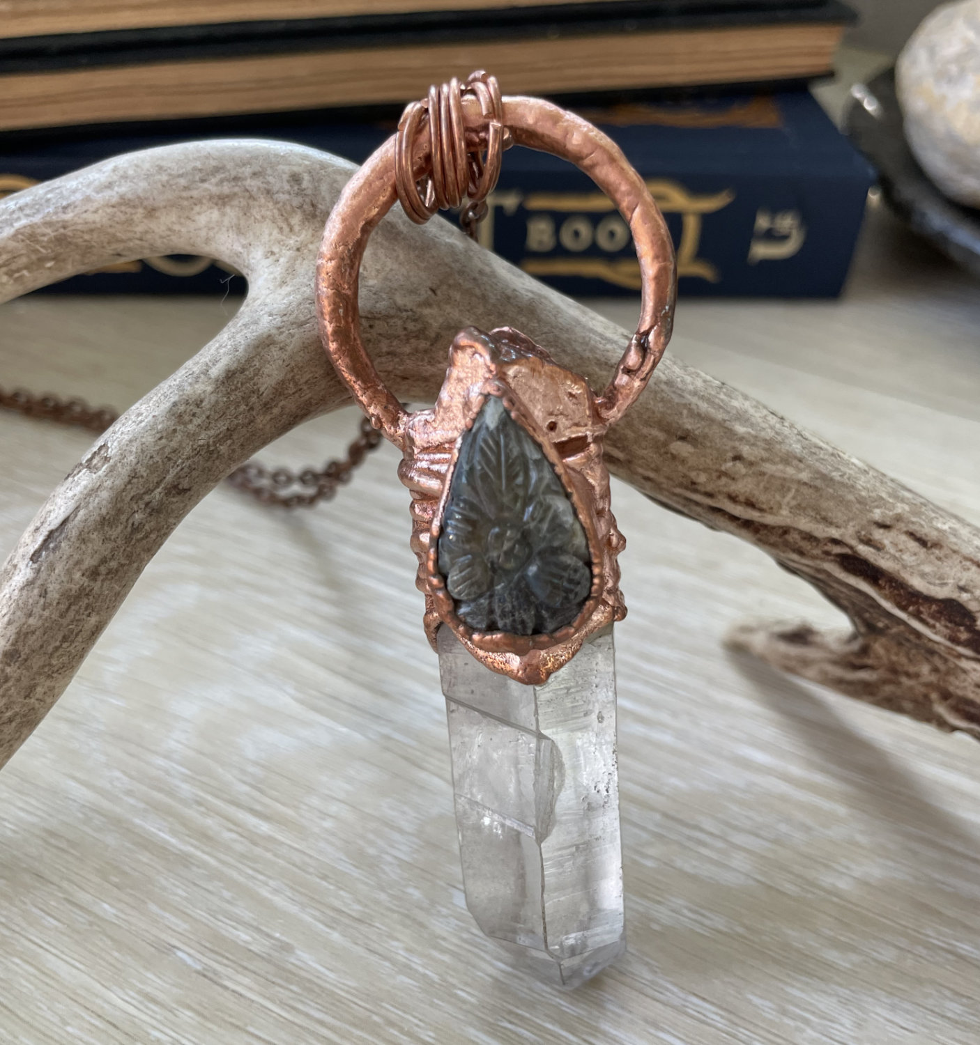 Raw Quartz Point with Floral Carved Labradorite Teardrop in Copper