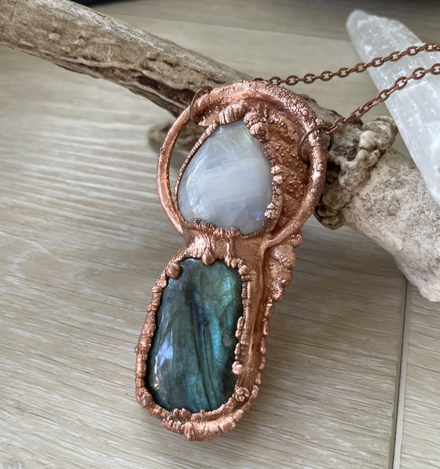 Flashy Blue Labradorite Rectangle with Moonstone Teardrop and Fern Accent in Copper