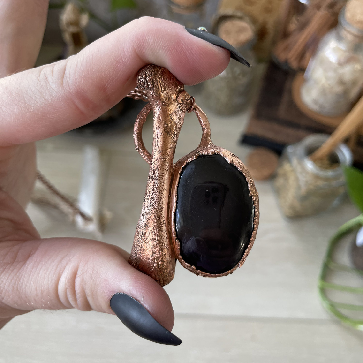Rainbow Obsidian Scrying Mirror with Bone Accent in Copper