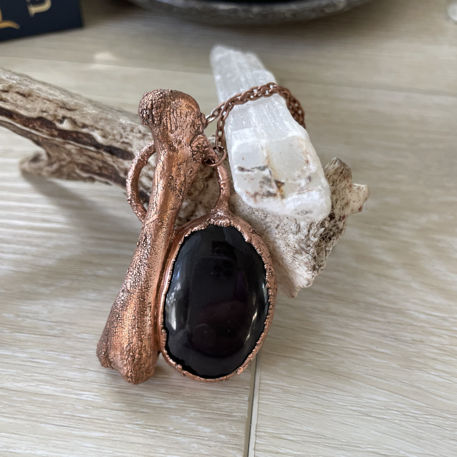 Rainbow Obsidian Scrying Mirror with Bone Accent in Copper - Image 2